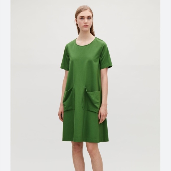 Cos A-Line Jersey Dress In Green Pockets Lagenlook Minimalist Size Large - Picture 1 of 11